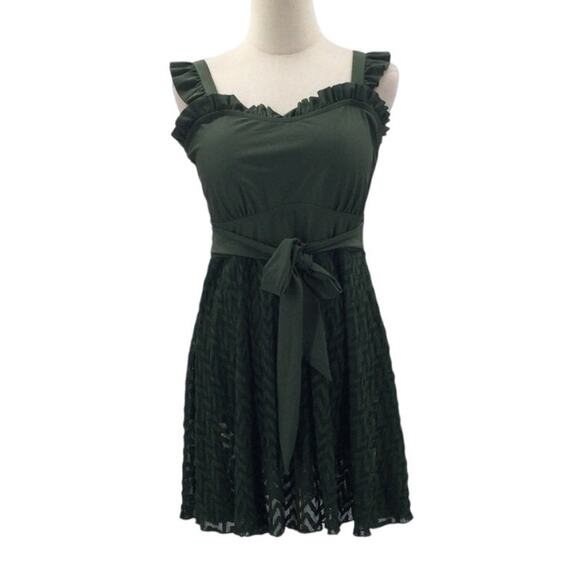 BLOOMCHIC 14-16 1X Plus Green Frill Trim Belted Fit Flare Swim Dress NWT B81 - Picture 3 of 11